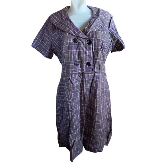 Vintage 14 Dress 1950's Plaid Double-Breasted Handmade 1of1 MCM Purple/Gold - Picture 1 of 7